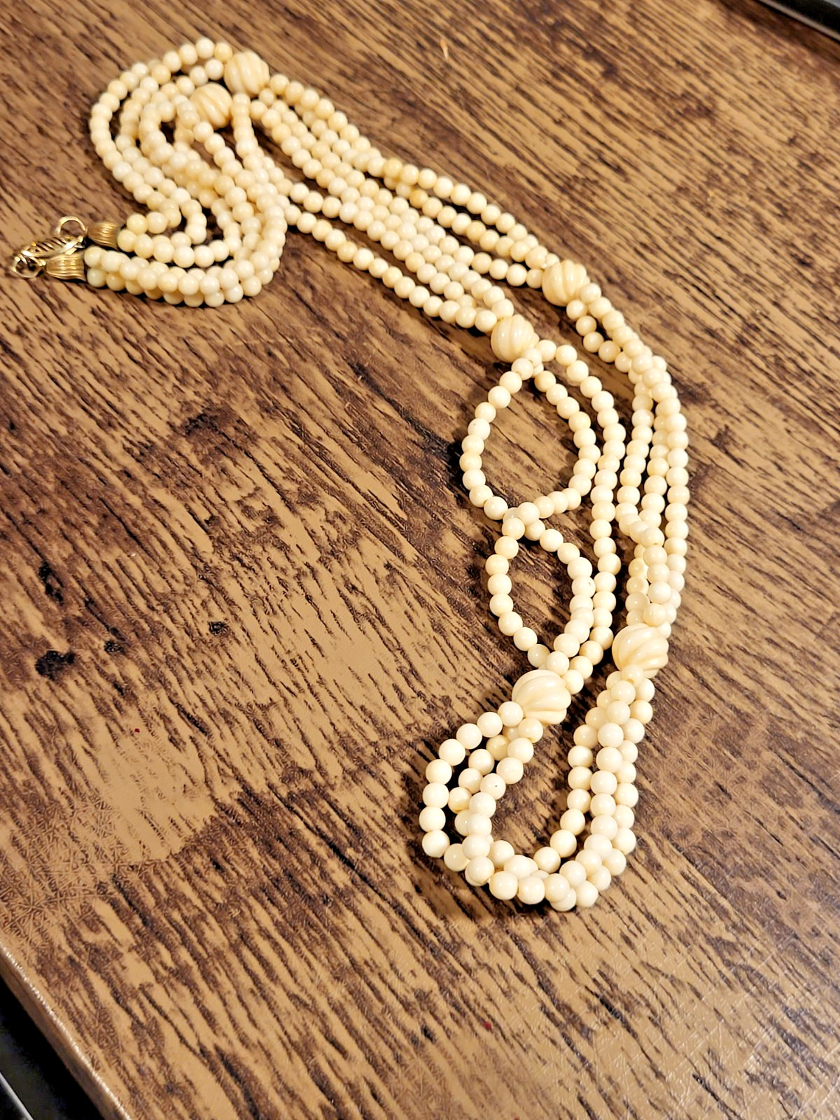 14k Gold Filled Multi-Strand Carved Cream Buffalo Bone Beaded Necklace 27 Inch
