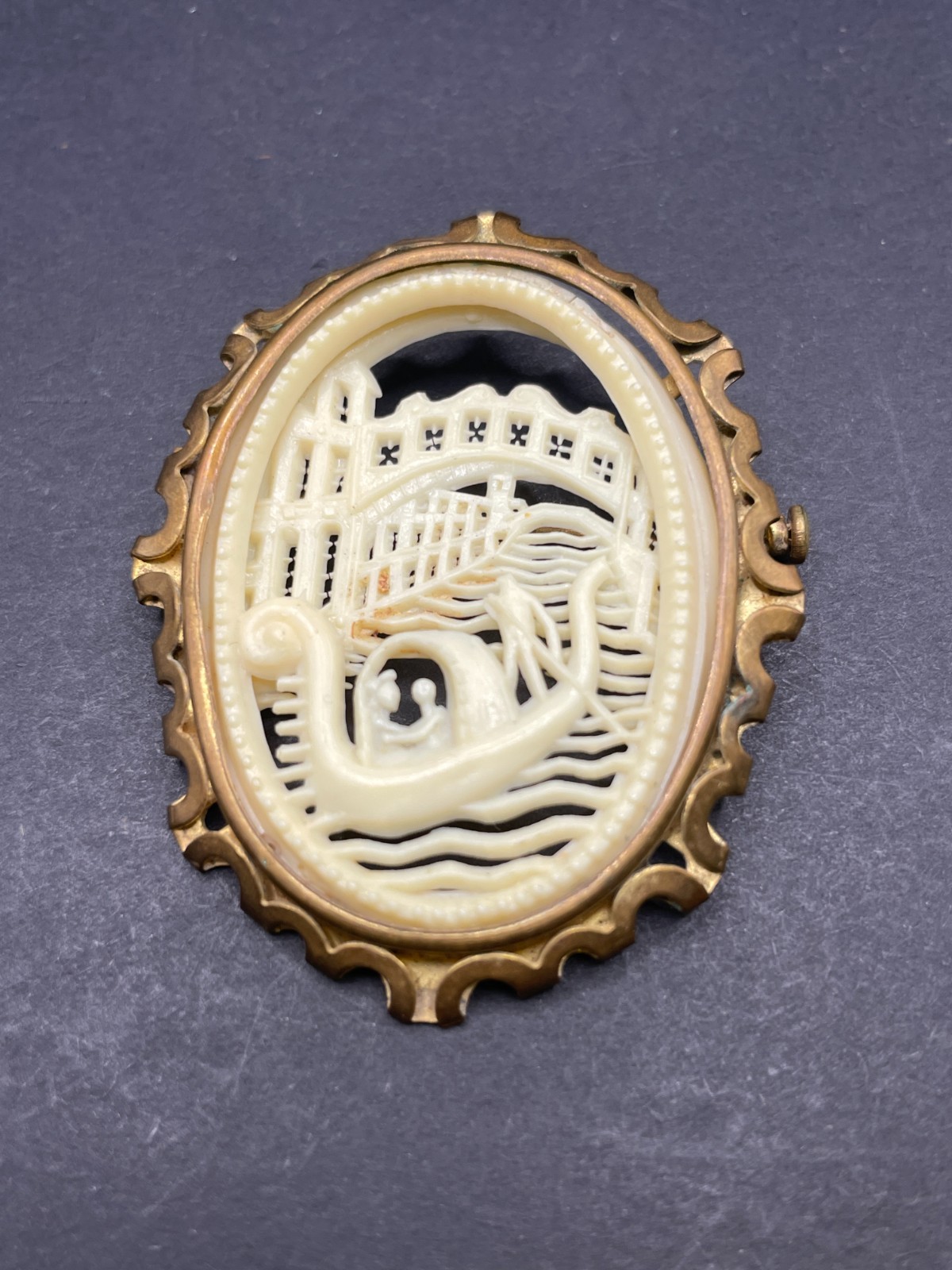 Vintage Art Deco Carved Celluloid Venice Scene Brooch Cameo