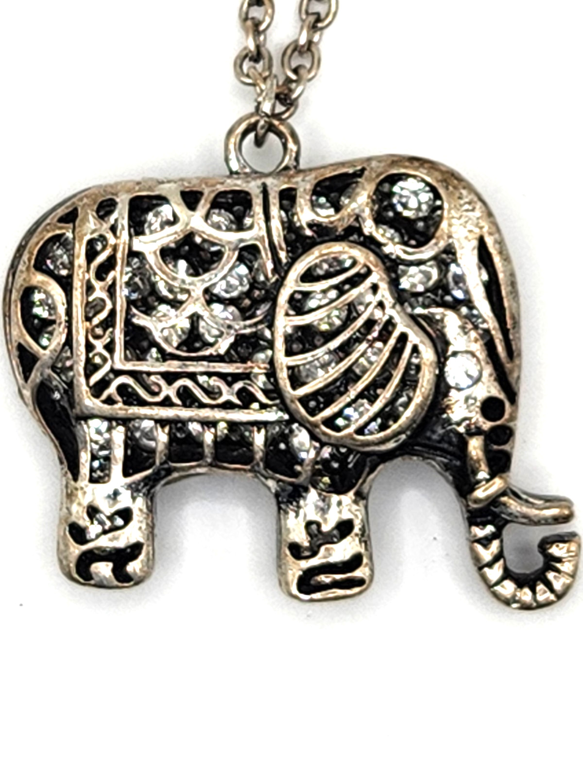 Vintage Large Silver Clear Rhinestone Accents Elephant Pendant Open Silver 24″