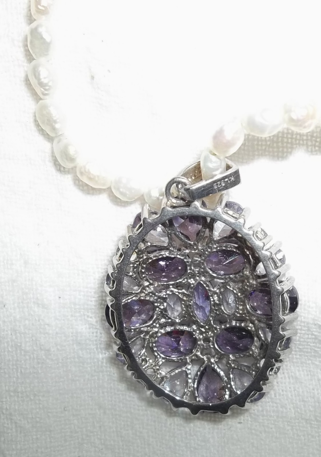 Sterling Silver PENDANT PURPLE LAVENDER RHINESTONES Lovely Faux Pearl NECKLACE