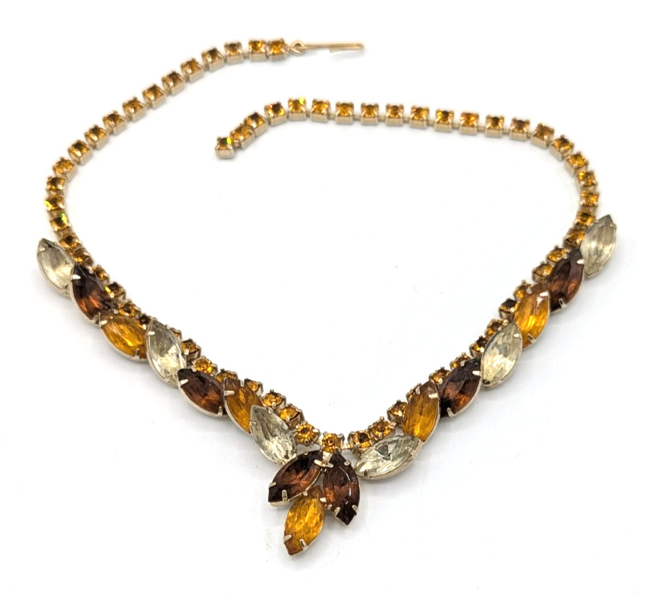 Vintage Rhinestone Collar Necklace Topaz Yellow Orange MCM Statement 1950s
