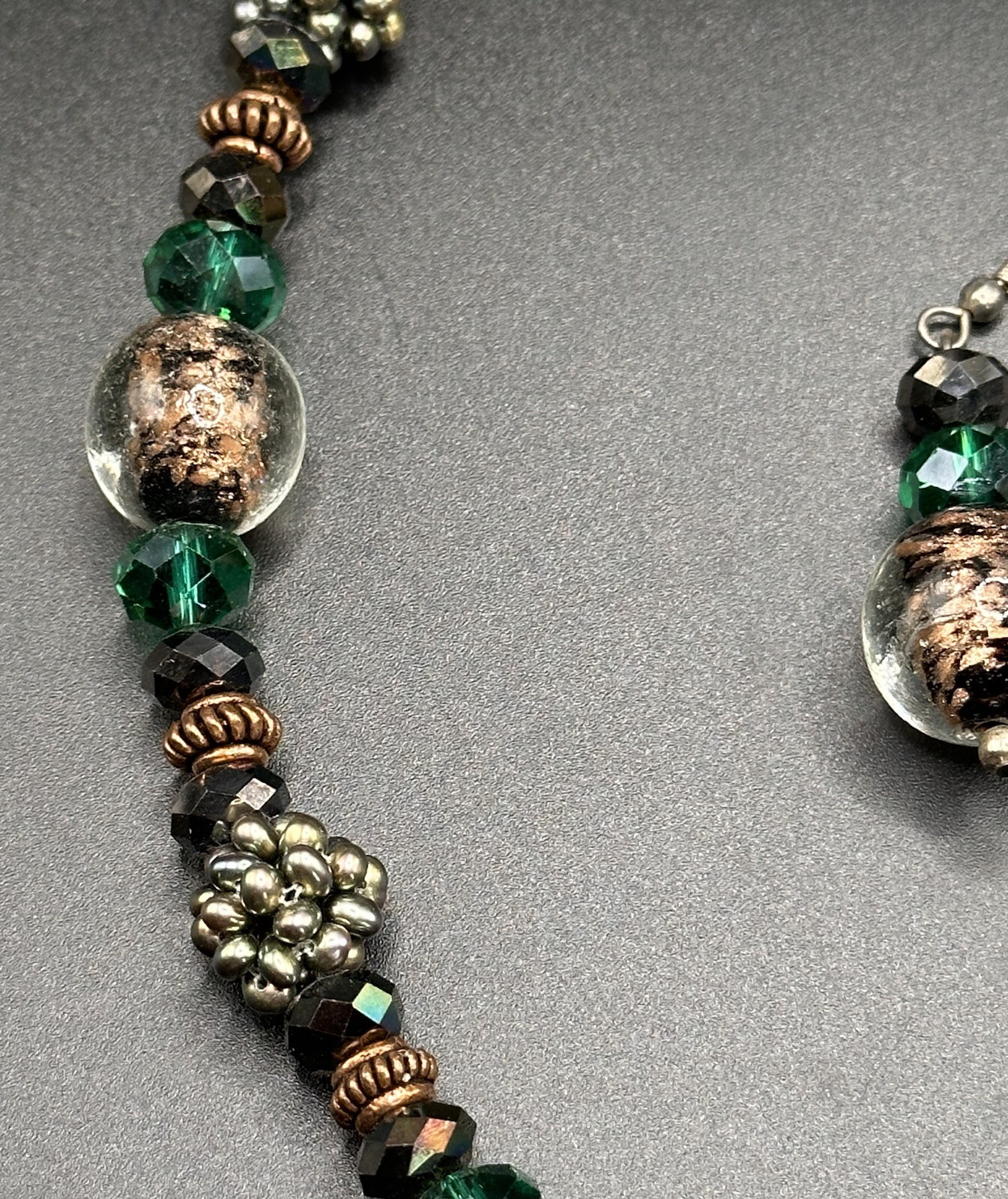Stunning Necklace Glass Pendant Necklace & Earrings Art Foil Green Copper