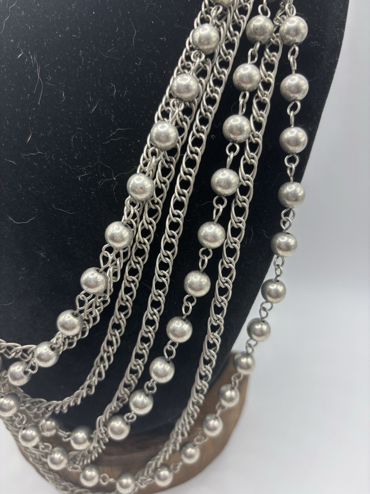 Vintage Silver Toned Layered Bead and Chain Statement Necklace