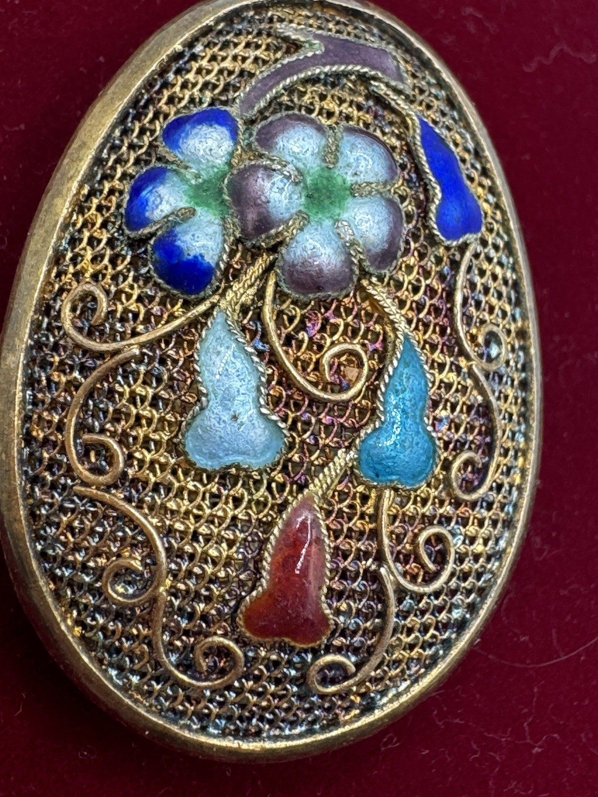 Chinese Export Vintage Silver Multi Color Enamel Flower Pendant Large Sterling