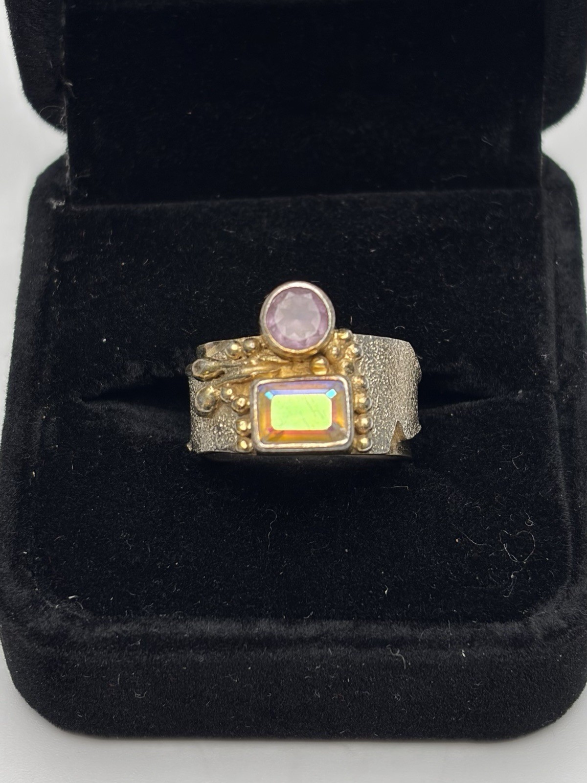 Vintage Sterling Silver 925 Artisan Ring Pink Stone Opal Mixed Metal Size 5