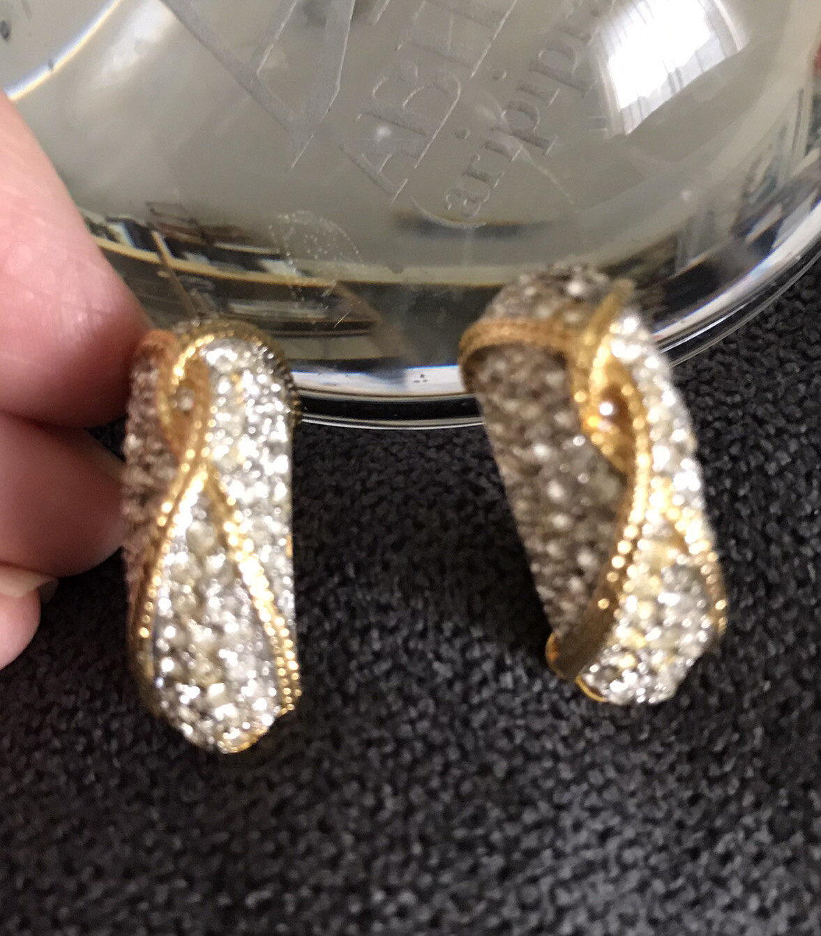 Earrings,Dressing~Gold-Tone+CZ Sparkling Rhinestones w/Gold trim-clip on~Pre-Own