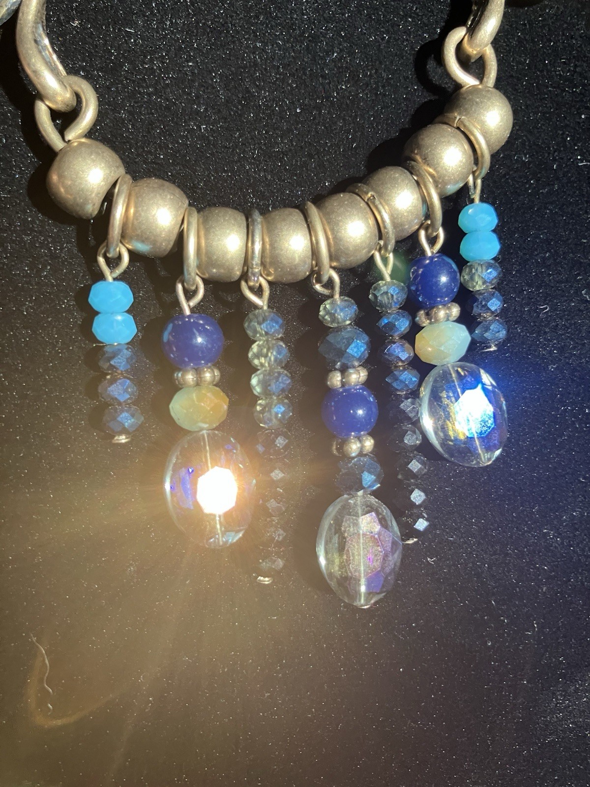 Bohemian Style Necklace Brass Toned Metal, Blue Leather, Drop Beads