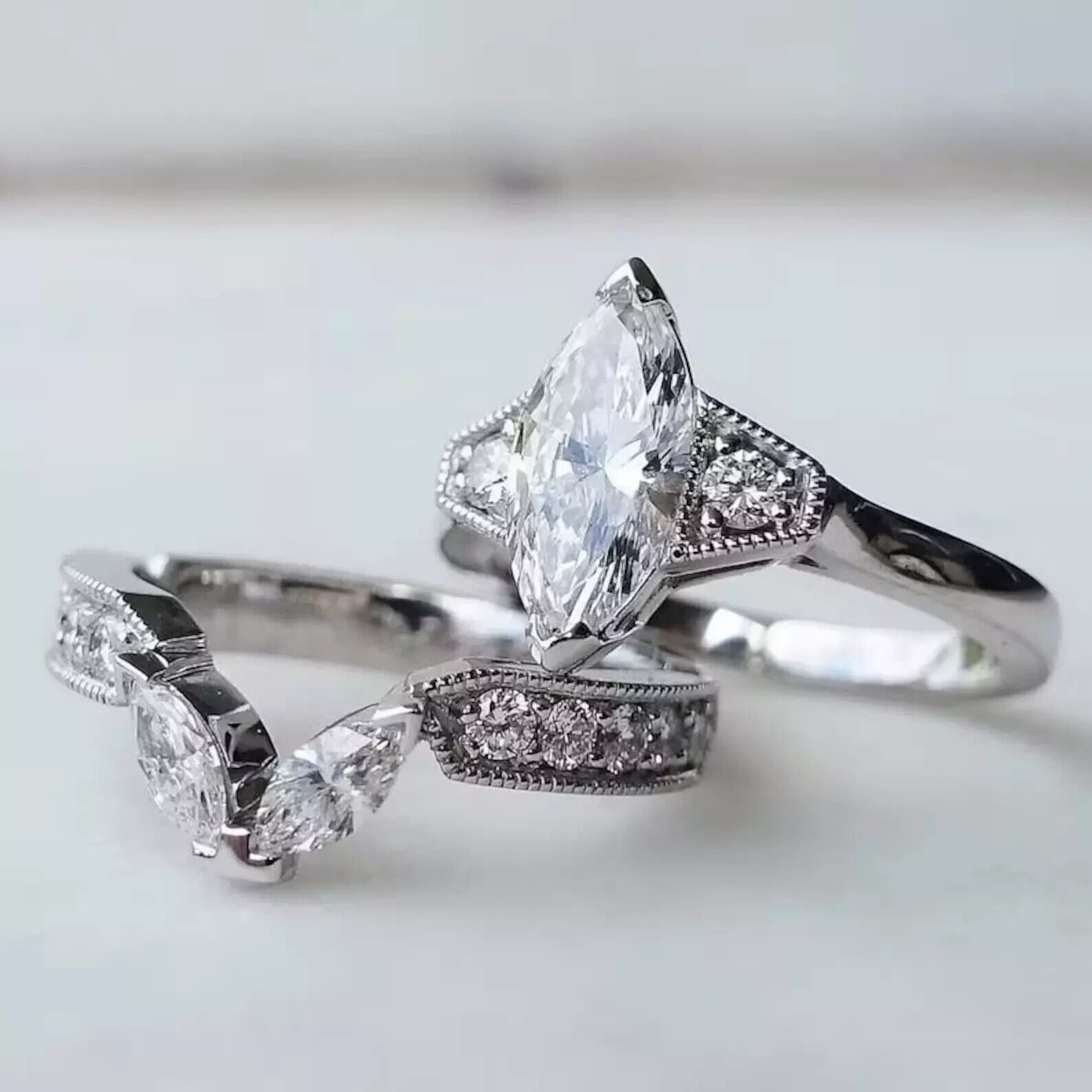 2.0Ct Marquise Lab Created Art Deco Style Engagement 925 Silver Ring Set