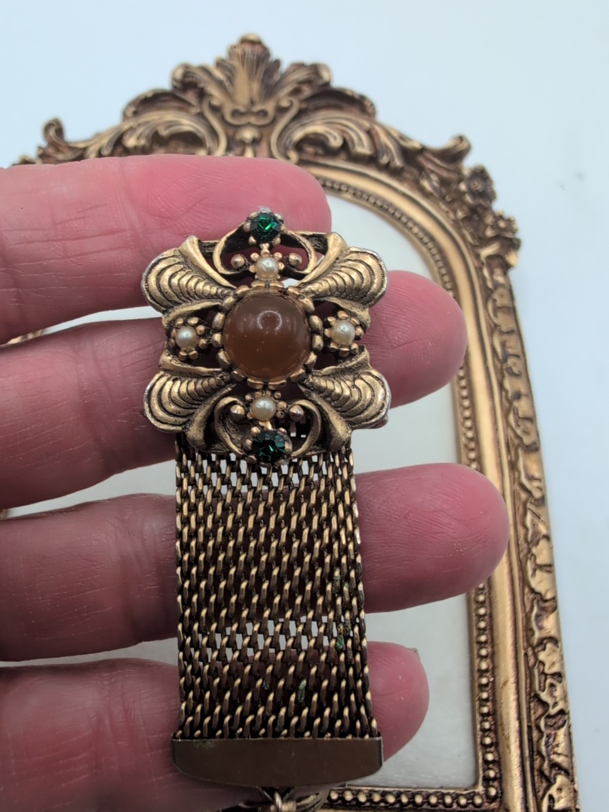 Victorian Mesh Dangle Style Brooch Ornate With Rhinestone Faux Pearls Gold Tone