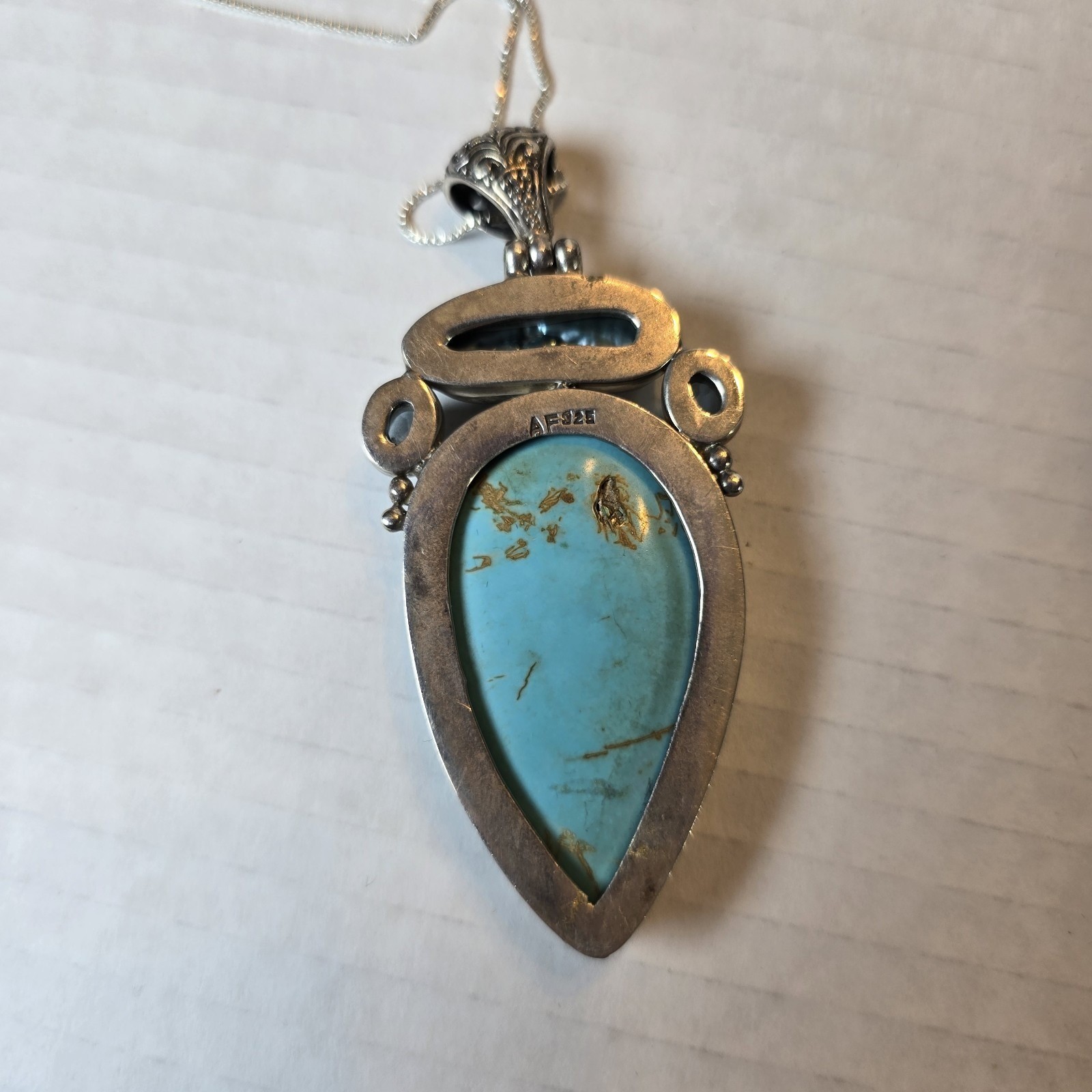 Vintage 925 Sterling Silver Pendant Signed AF Design Turquoise, Blister Pearl