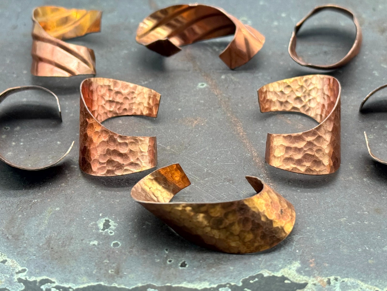 Vintage Brass Copper Finish Textured & Lined Curls Jewelry Stamping Lot of 14