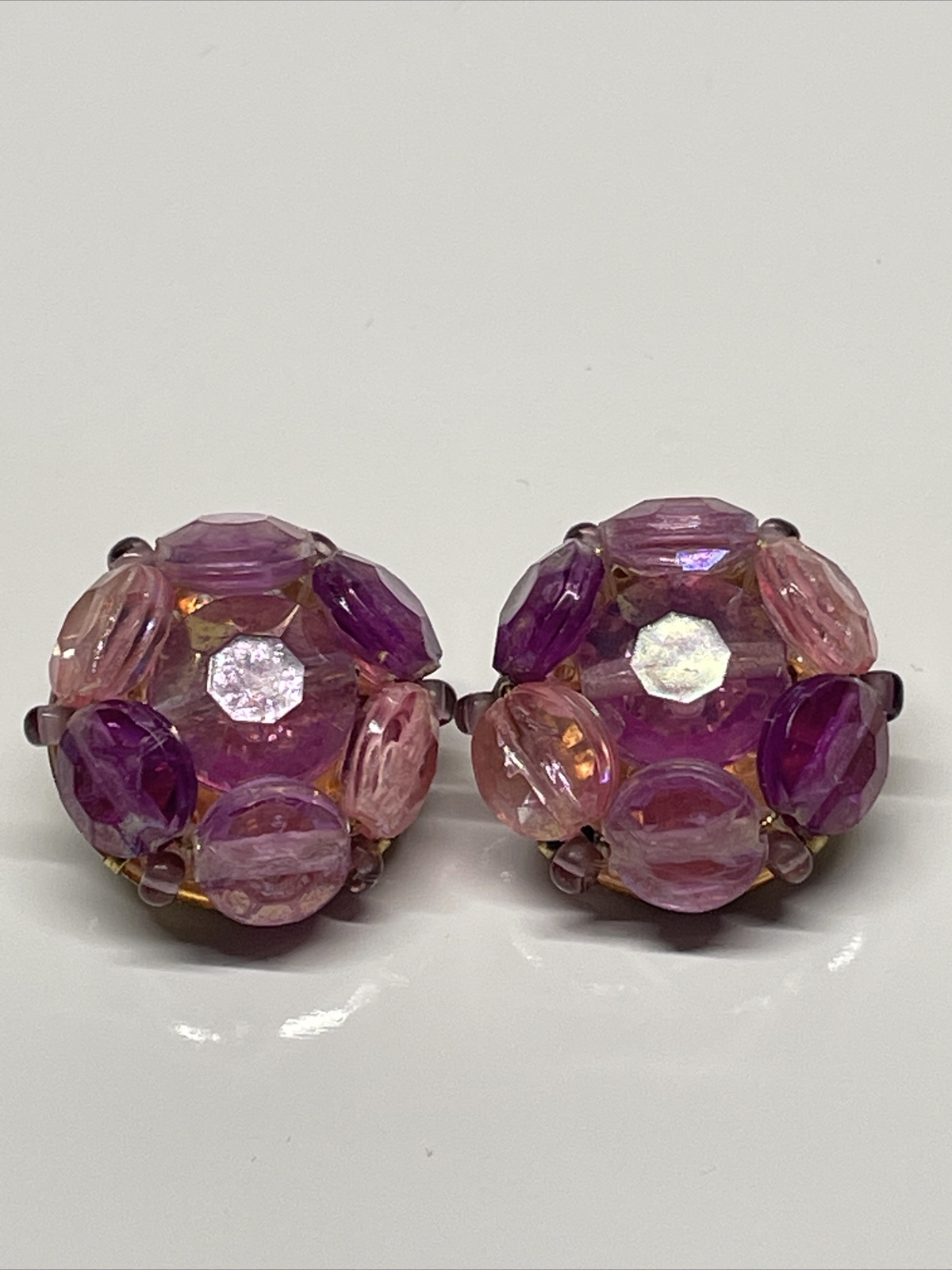 Vintage Western Germany Gold Tone Purple Beaded Cluster Clip On Earrings