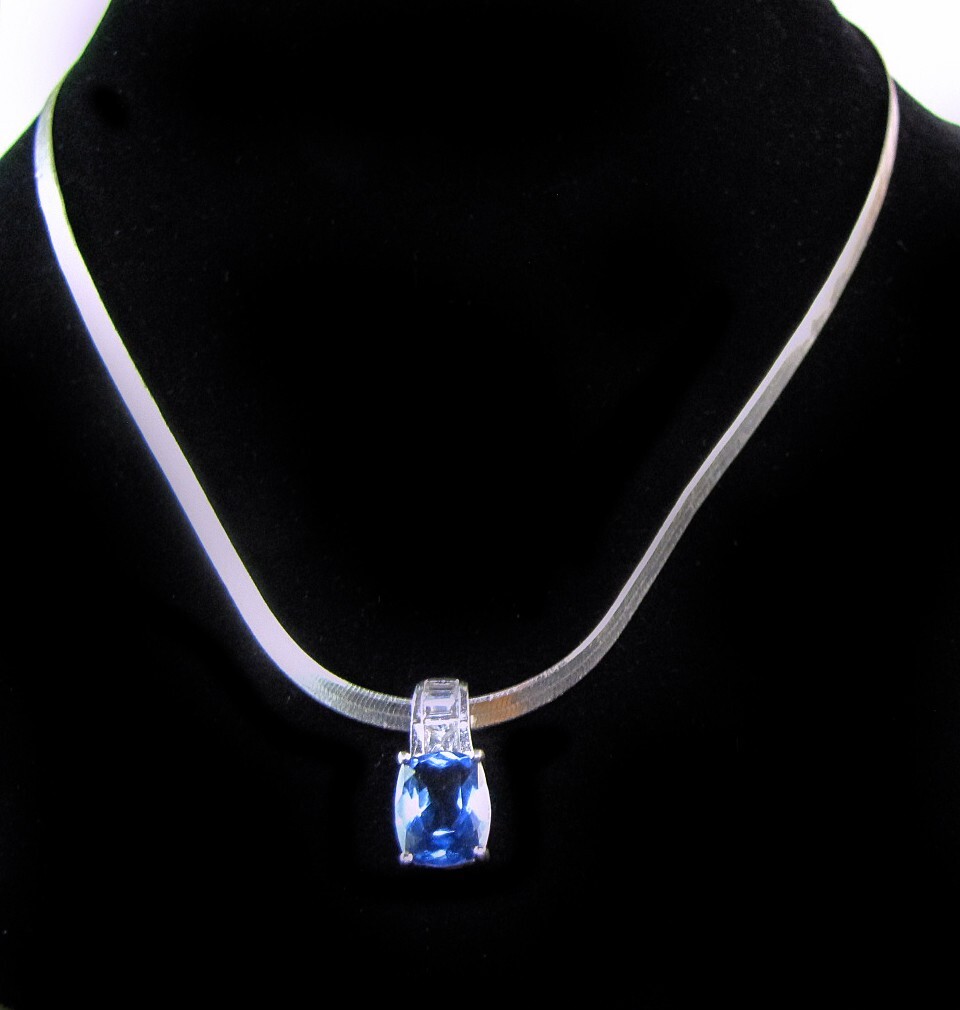 Purple CZ Pendant Necklace Vintage Sterling Silver 19″ Herringbone Chain 4mm