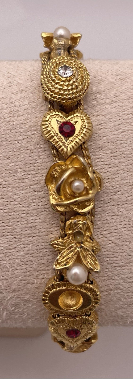 Vintage Goldtone Red Clear Rhinestone Slide Bracelet Missing Two Stones