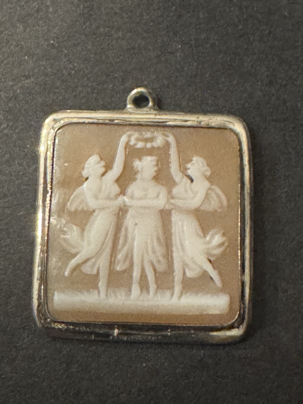 Vtg 800 Silver 3 Graces Cameo Unique Square Pendant Fine Jewelry Carved Stone