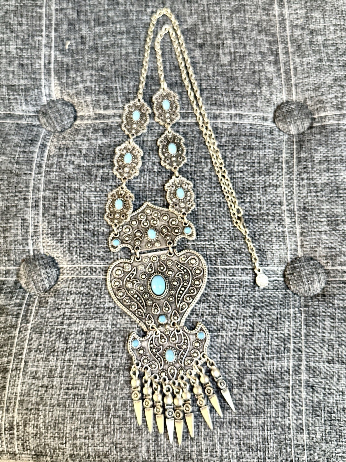 Vintage Bohemian Gothic Art Silver Alloy Pressed Metal Faux Blue Turquoise