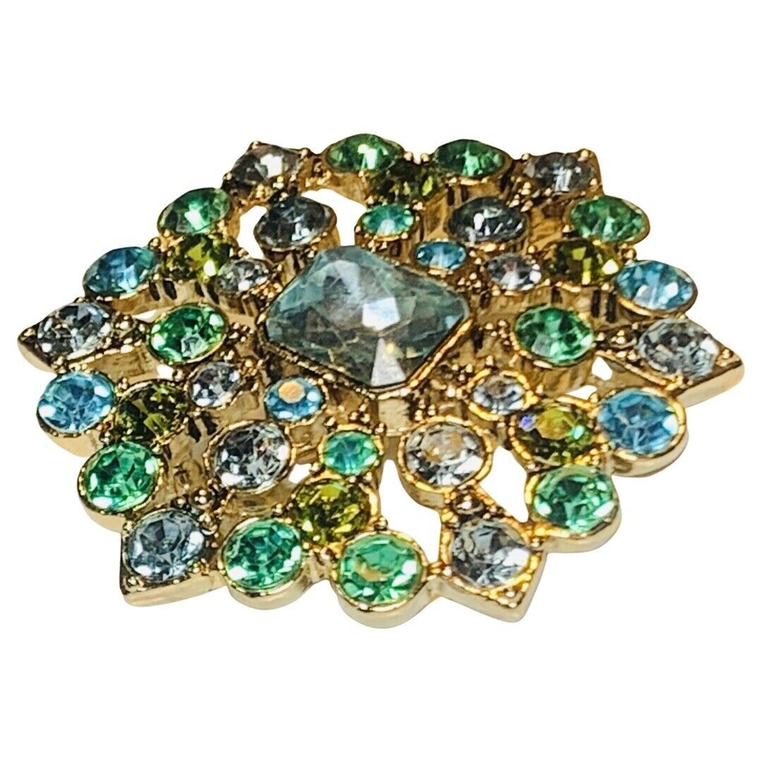 Liz Claiborne Green Rhinestone Brooch Pin 2” Gold Tone Flower