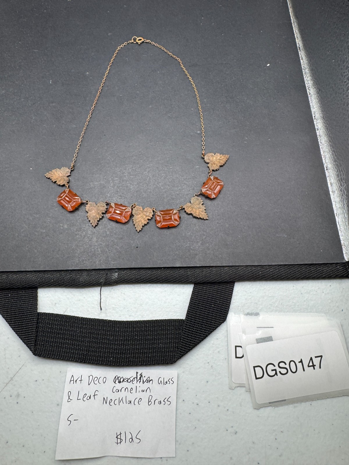 Art Deco Carnelian Glass & Leaf Necklace Brass