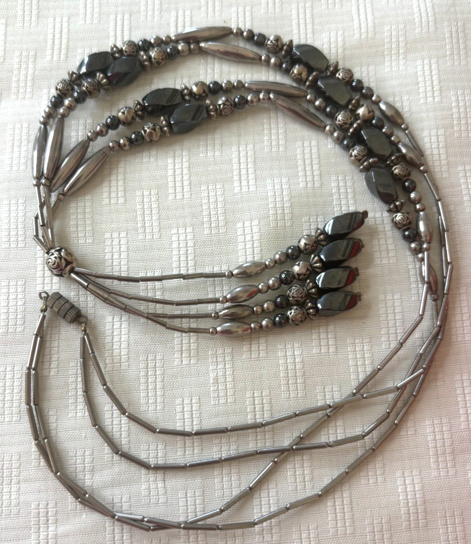 Vintage Southwestern Liquid Silver Hematite Multi Strand Lariat Tassel Necklace