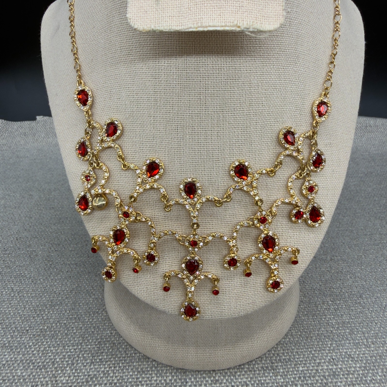 Vintage Bib Necklace Red Clear Rhinestones Gold Tone Dangles 17 Inch Adjustable