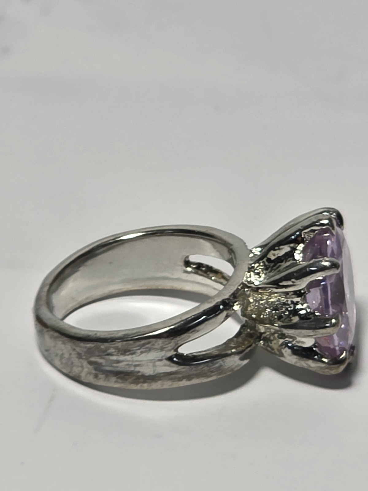 Vtg Purple Faceted Glass Silver Plated Double Shank Solitaire Ring Sz 5.25 (J2)