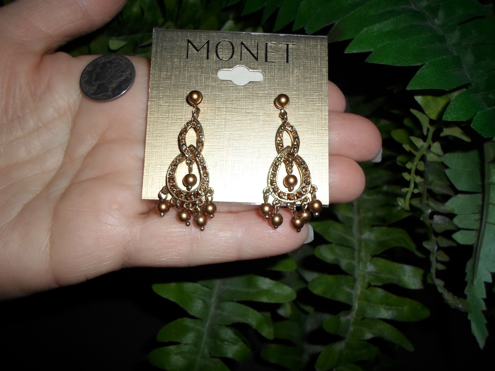 Vintage MONET – bronze color small faux pearl – beaded dangle pierced EARRINGS