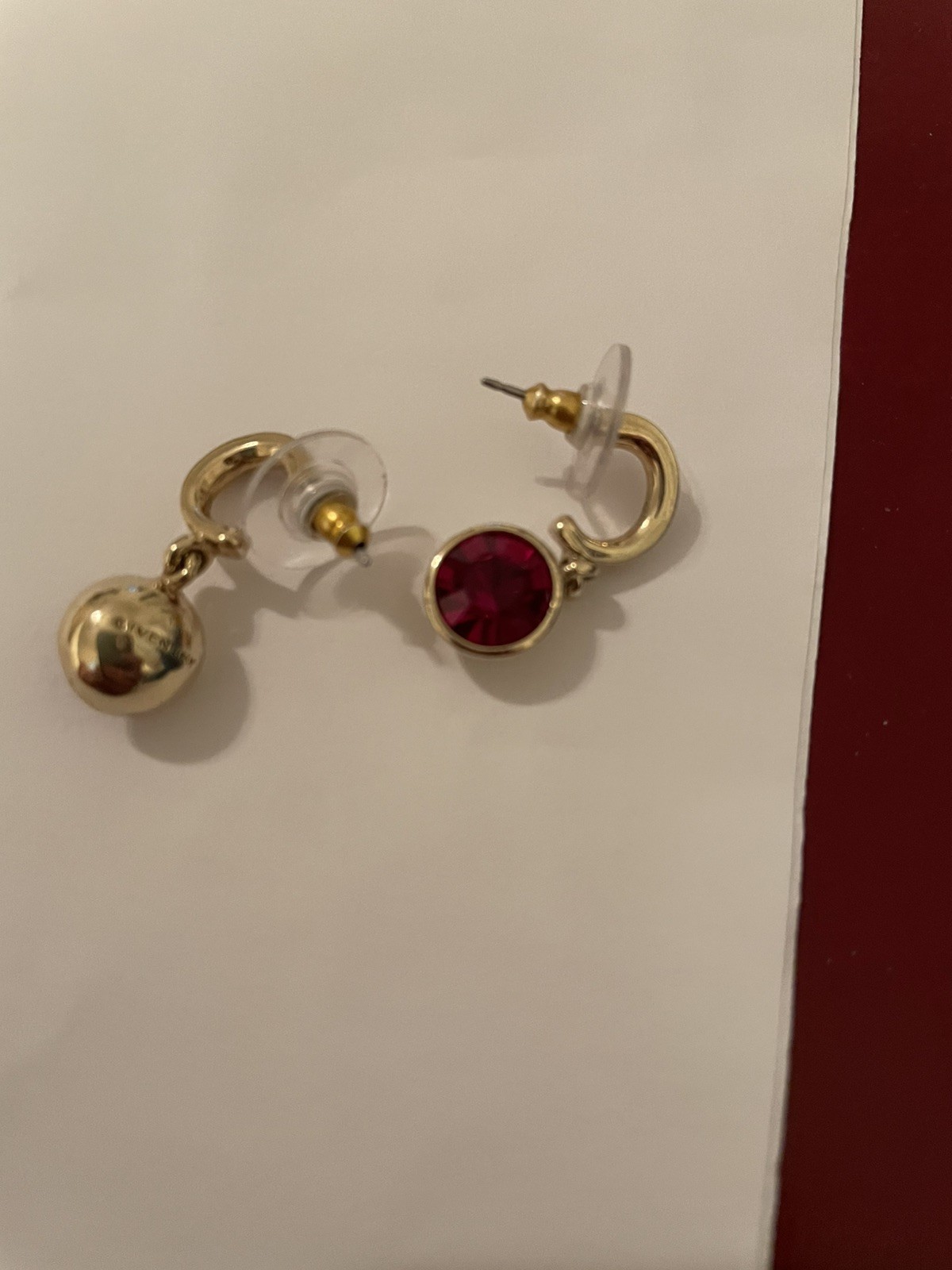 Givenchy Ruby Red Crystal Gold Tone Dangle Earrings