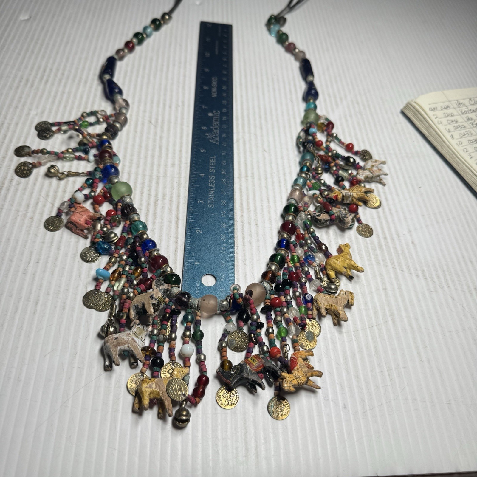 VTG Mid Century African Art Glass Bead and Animal Necklace Extra Long Need Work