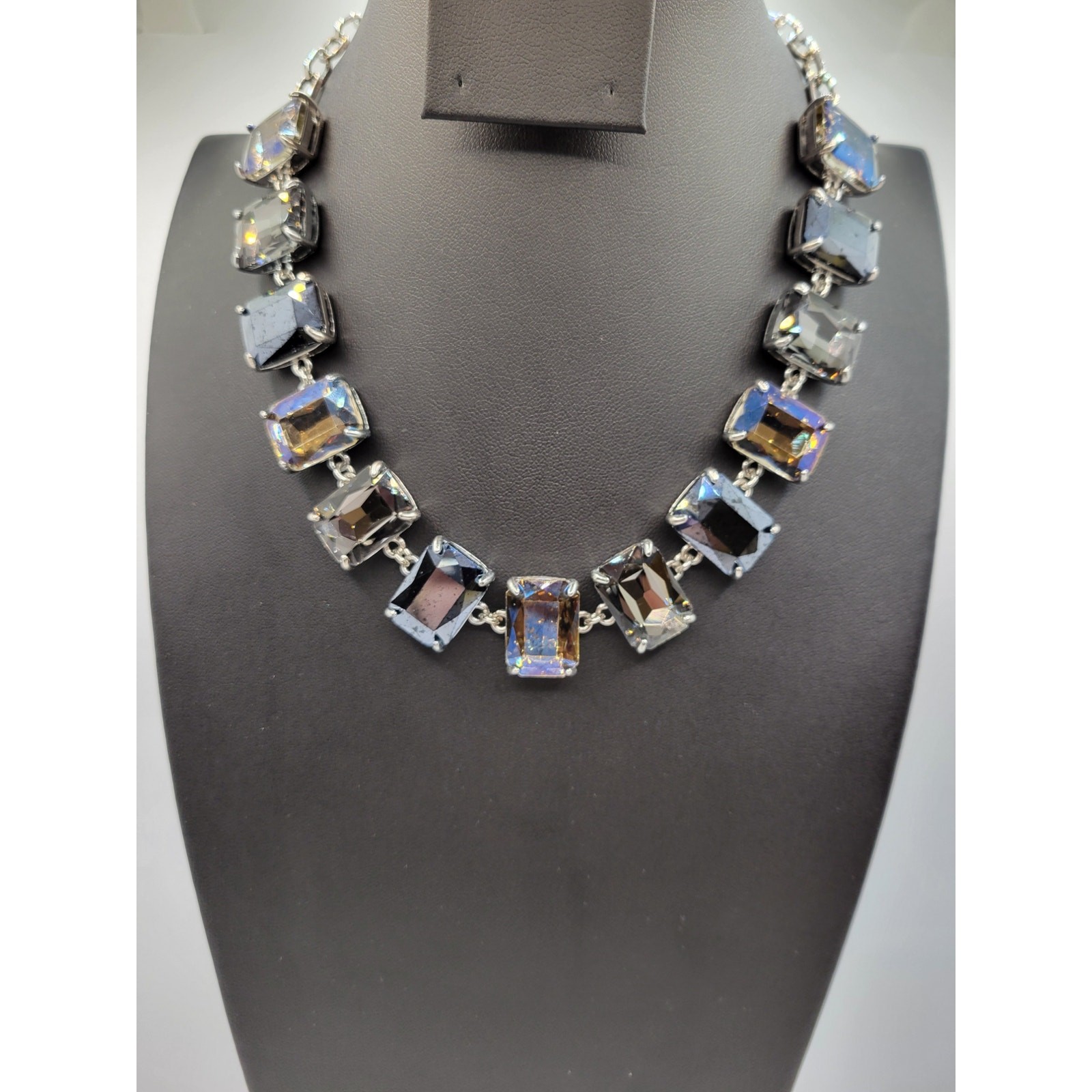 Smoky Glass Necklace AB Prong Set Stones 18″ Adjustable Statement READ
