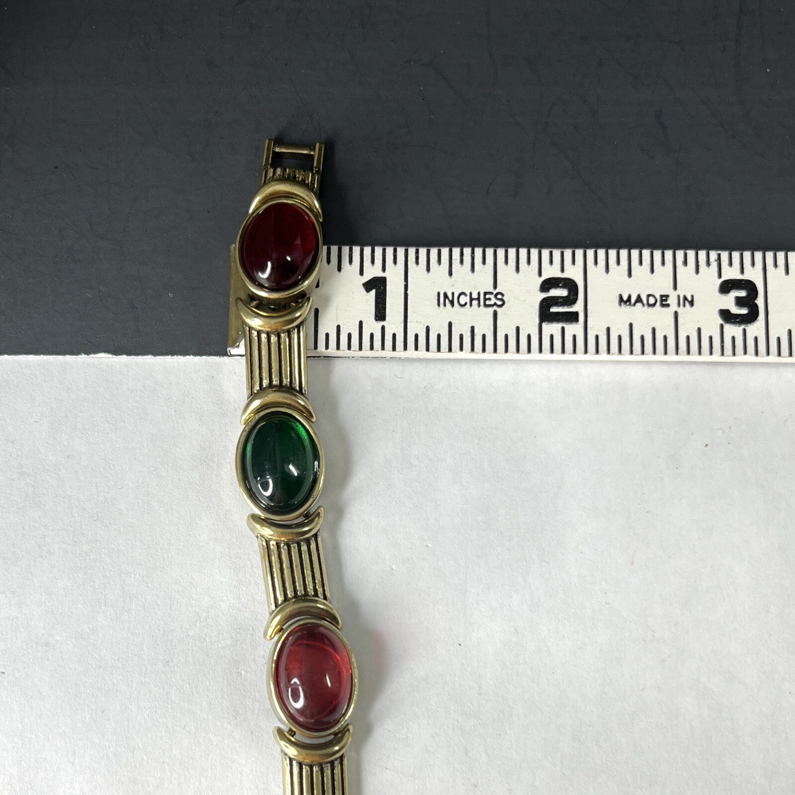 Gripoix Glass Cabochon Bracelet Gold Tone Red Green Mogul Jewel Art Deco Style