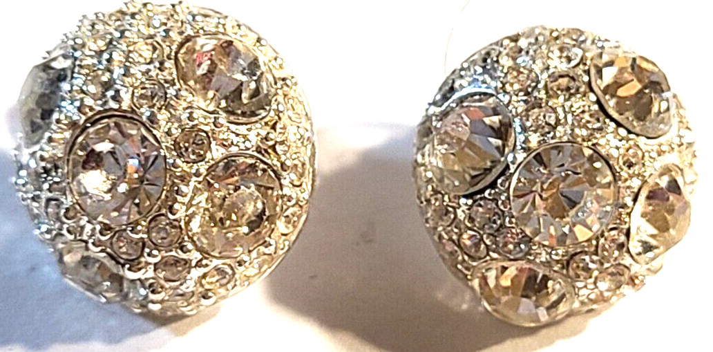VINTAGE STUNNING ART DECO SILVER TONE CLEAR CRYSTAL PIERCED EARRINGS