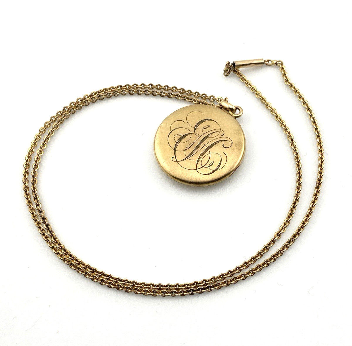 Antique Victorian Gold Filled Paste Stone E.M. Monogram Locket Necklace 21 In