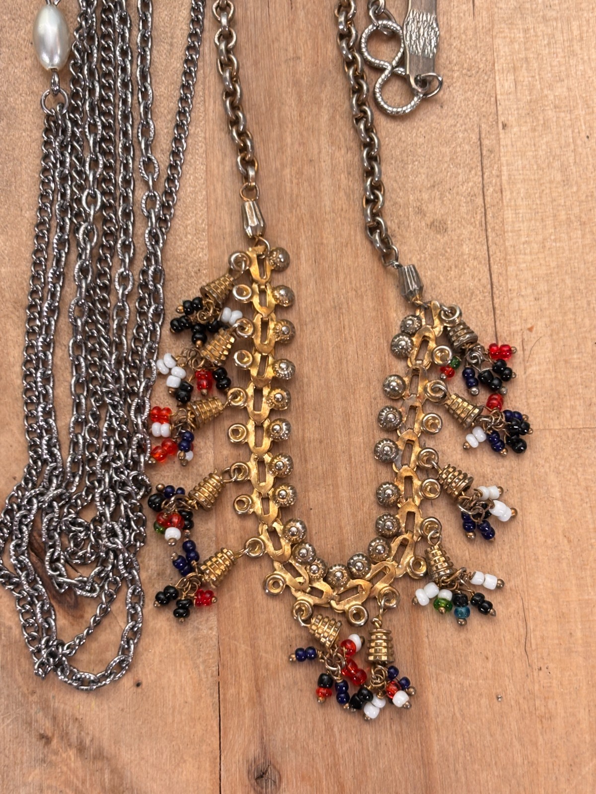 Large Lot of Costume Jewelry, Chains and Fringe Necklace, 10 Pairs Earrings