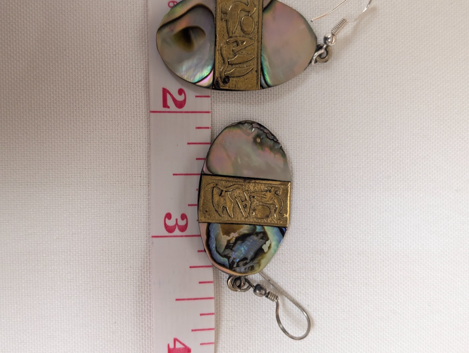 Vintage Alpaca Abalone Carved Sterling Silver Gold Tone Earrings Pierced