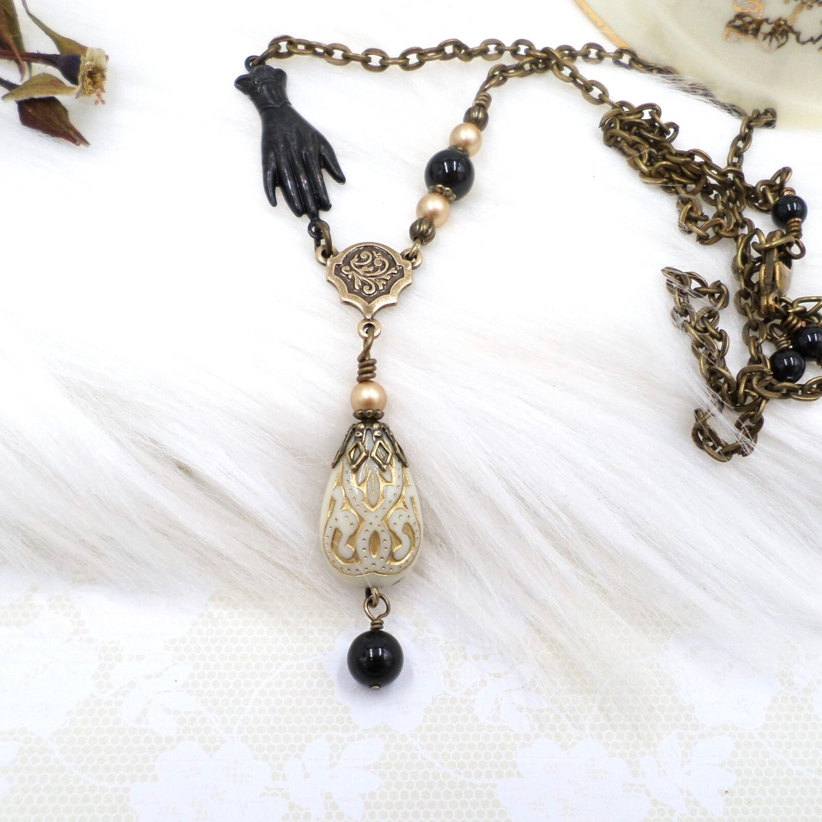 Victorian Reproduction Hand Necklace, Cream Black Gold Acrylic Metal Jewelry