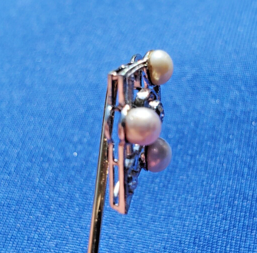 Original EARTH MINED DIAMOND Deco Gatsby era Pin Vintage Pearl 14K WHITE GOLD