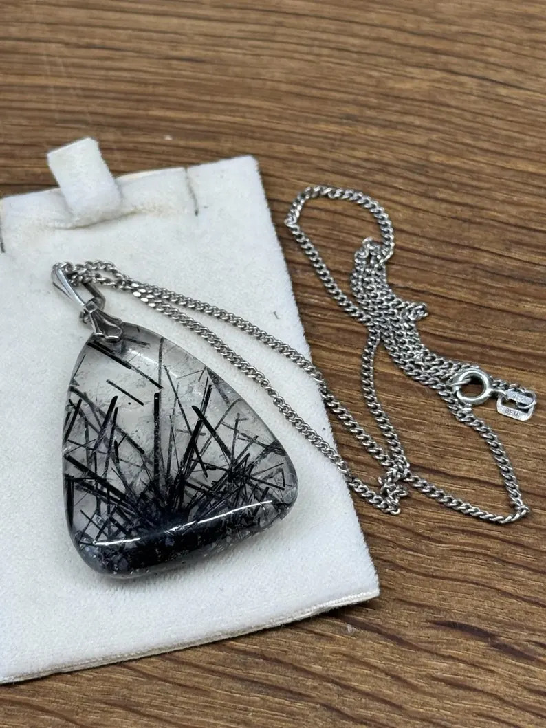 antique large rutilated tourmaline quartz pendant with chain necklace 835 silver