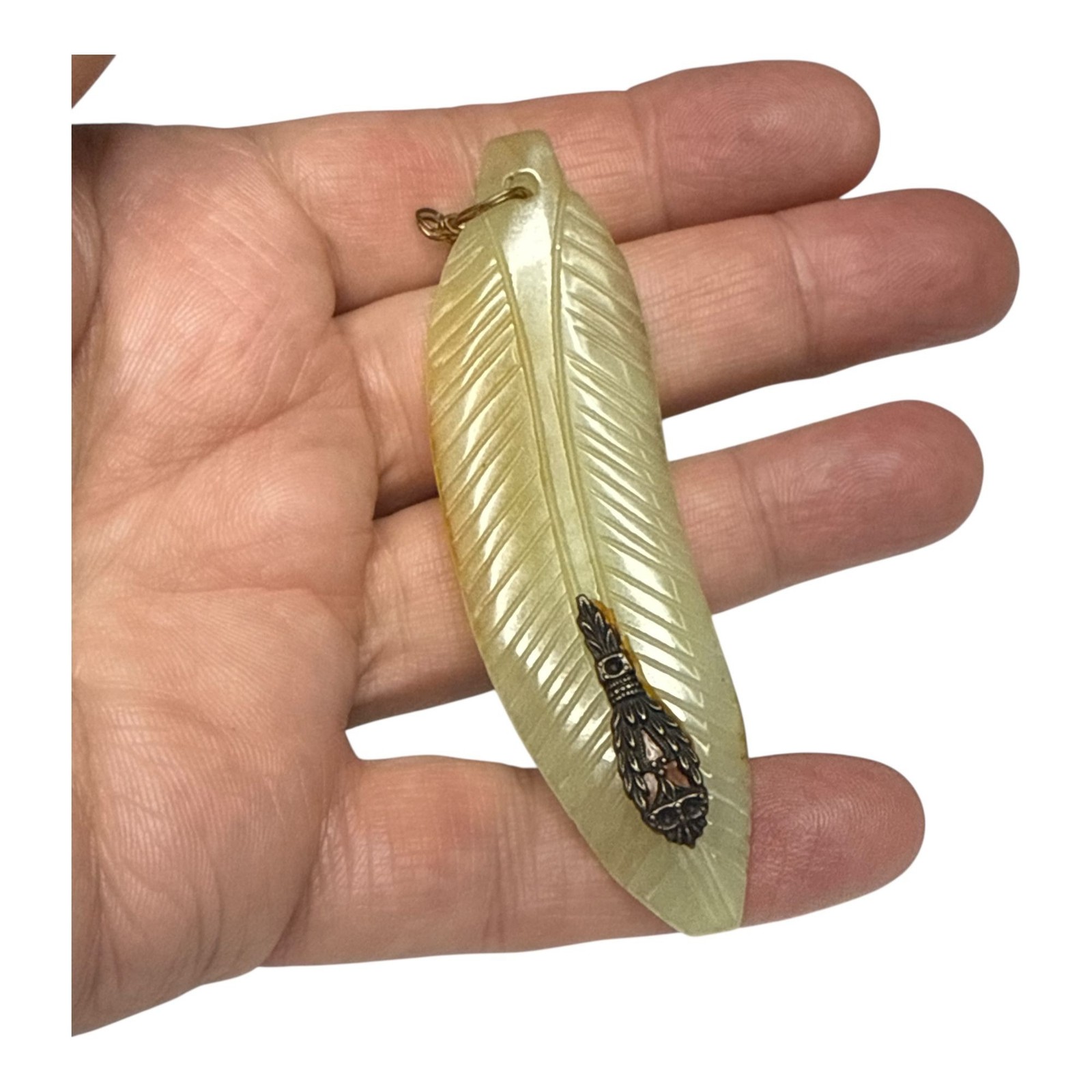 Vintage Jadeite Feather Pendant Carved Leaf Green Jade Lucky Charm
