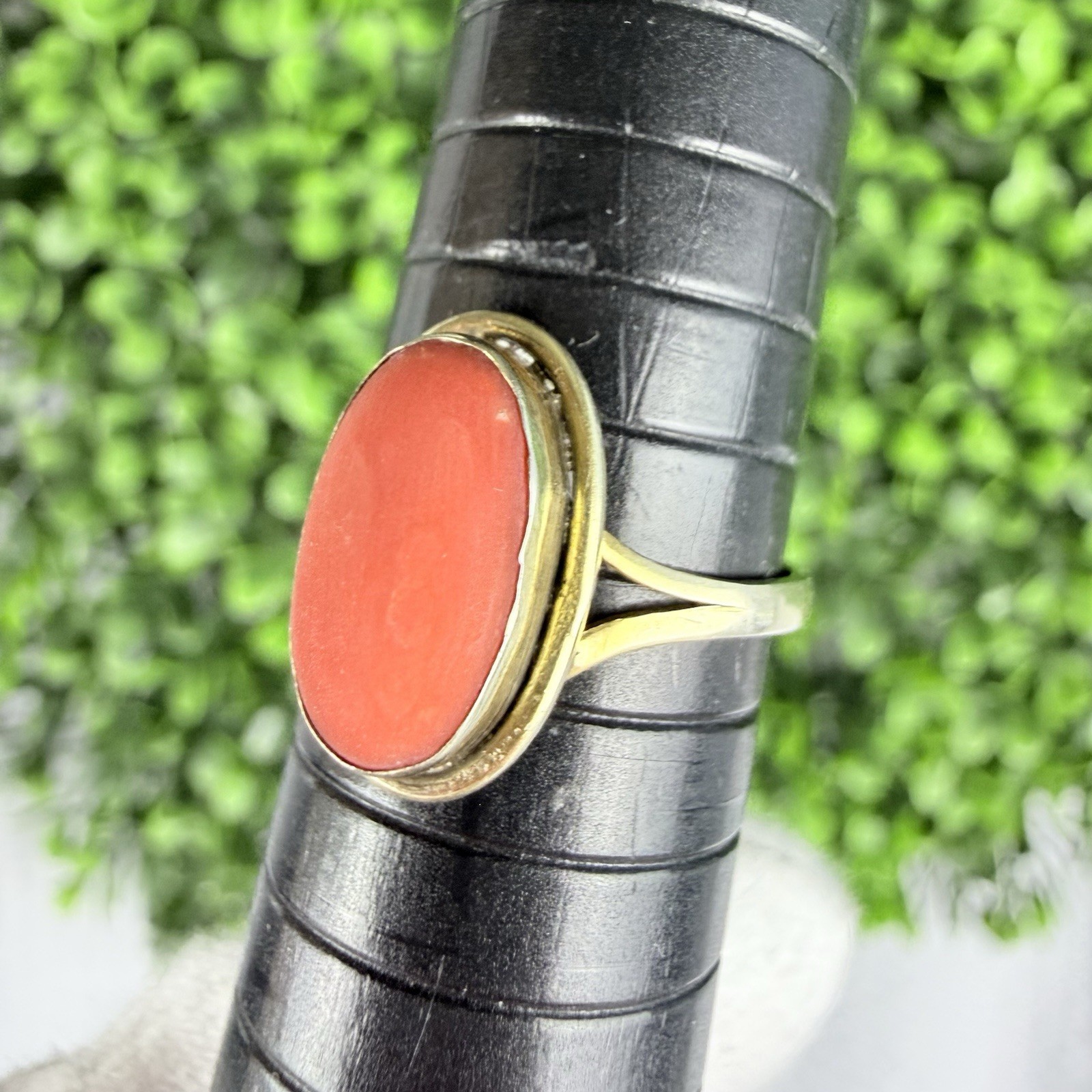 Vintage Antique? Natural Coral Cabochon 800 Silver Gold Tone Ring Size 6.75-7ish