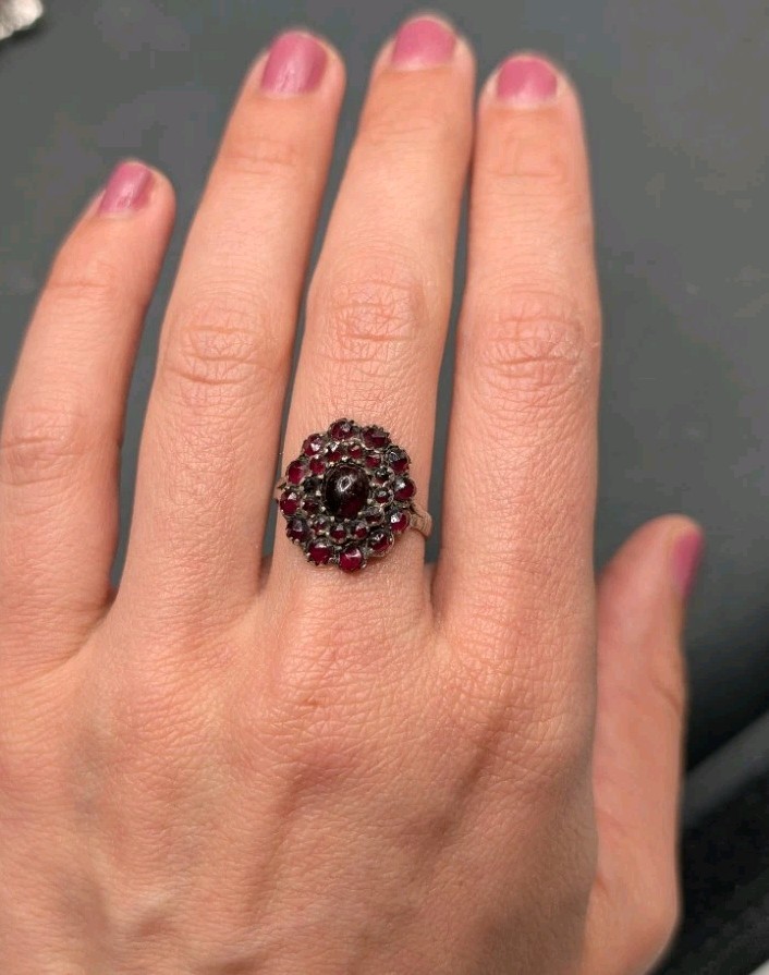 Vintage Sterling Silver Rose Cut Garnet Bohemian Czechoslovakia Ring Sz 8 ⚠️Read
