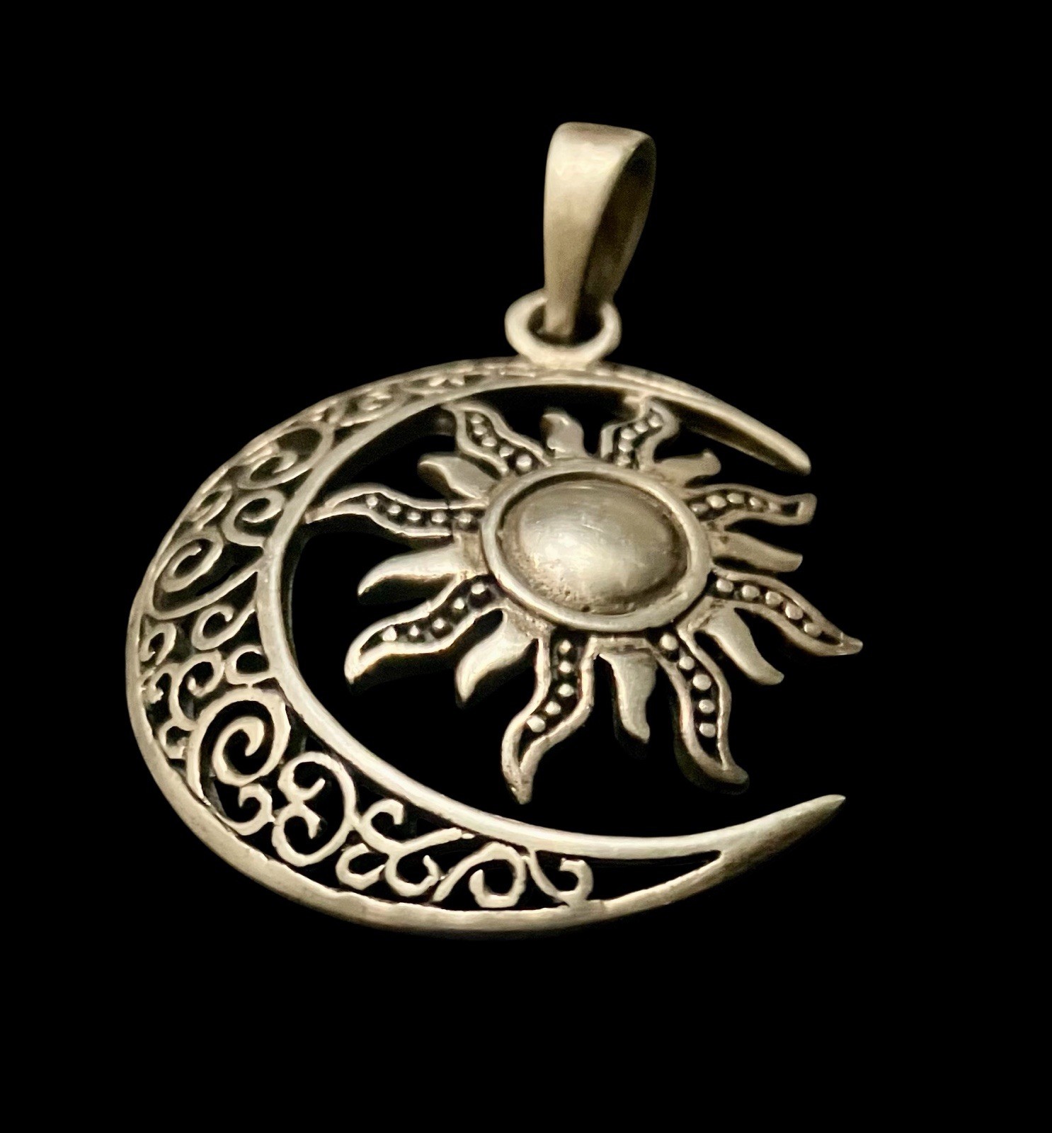VTG Sterling Silver SUN & Crescent MOON Boho Celestial Pendant 1.5” Statement
