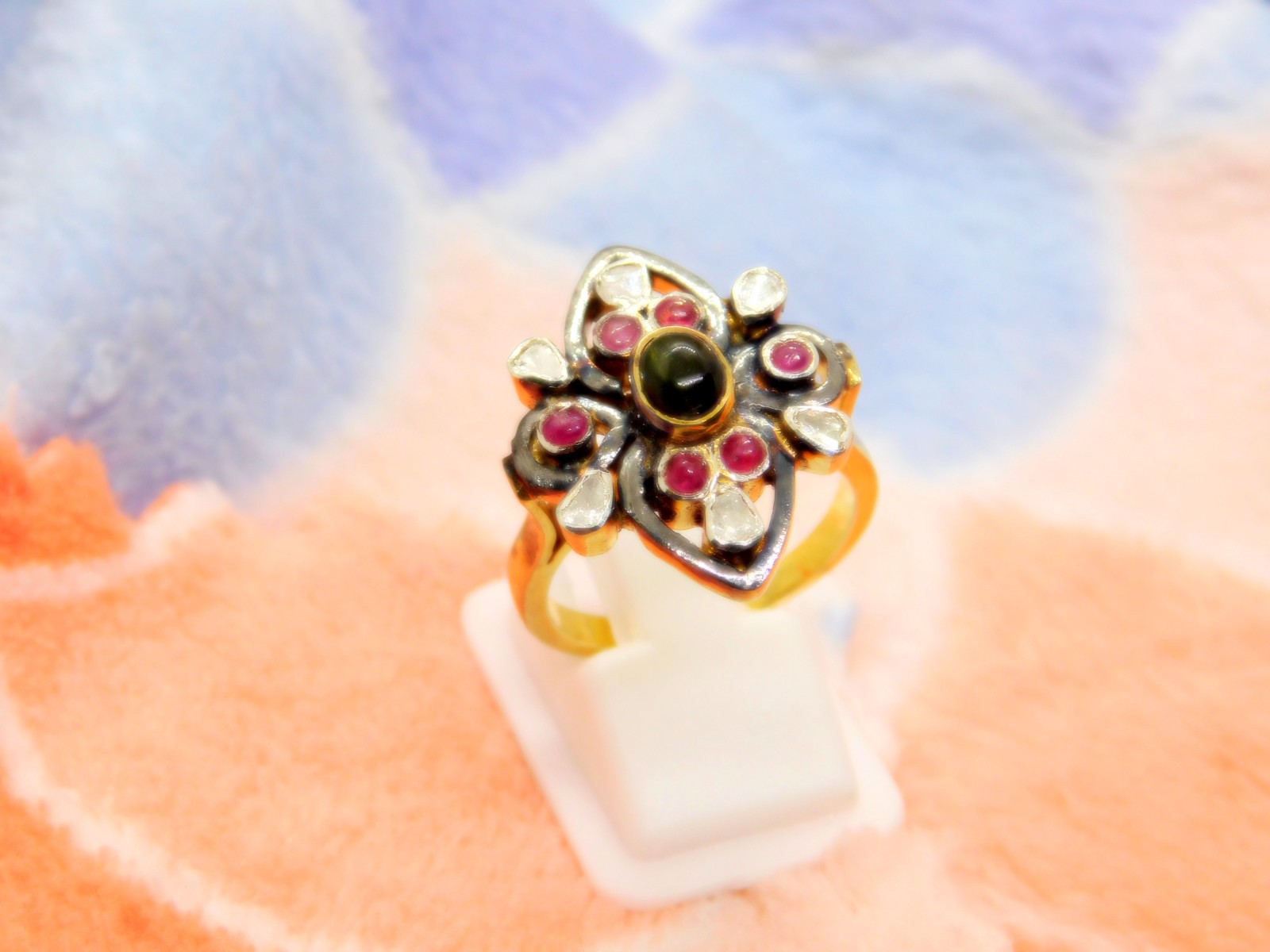 Natural Tourmaline Diamond Polki Ring, 925 Sterling Silver Victorian Jewelry