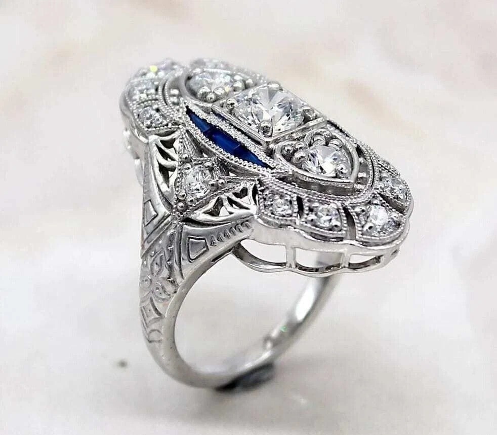 Share Art Deco Vintage Style Lab Created Diamond Wedding Anniversary 925 Silver