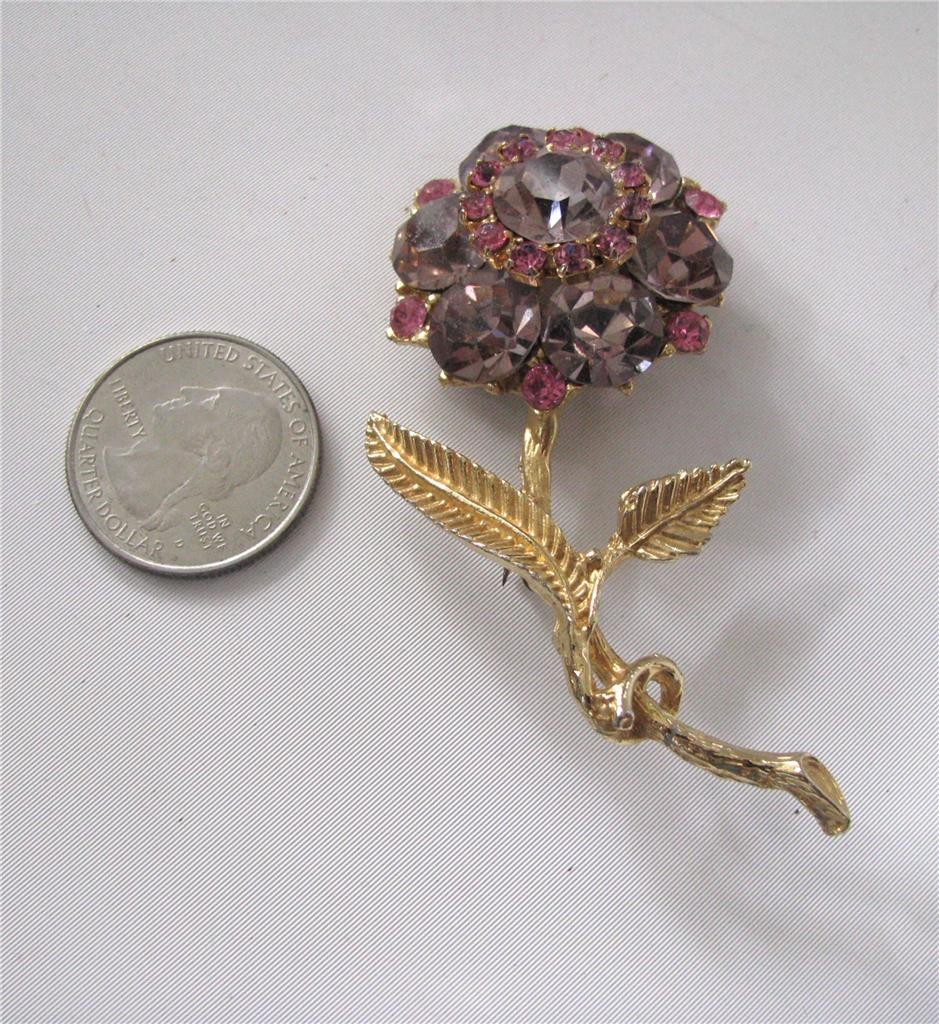Vintage EdLee Lavender Pink Rhinestone Flower Brooch Pin Gold Plated Dazzling 3″