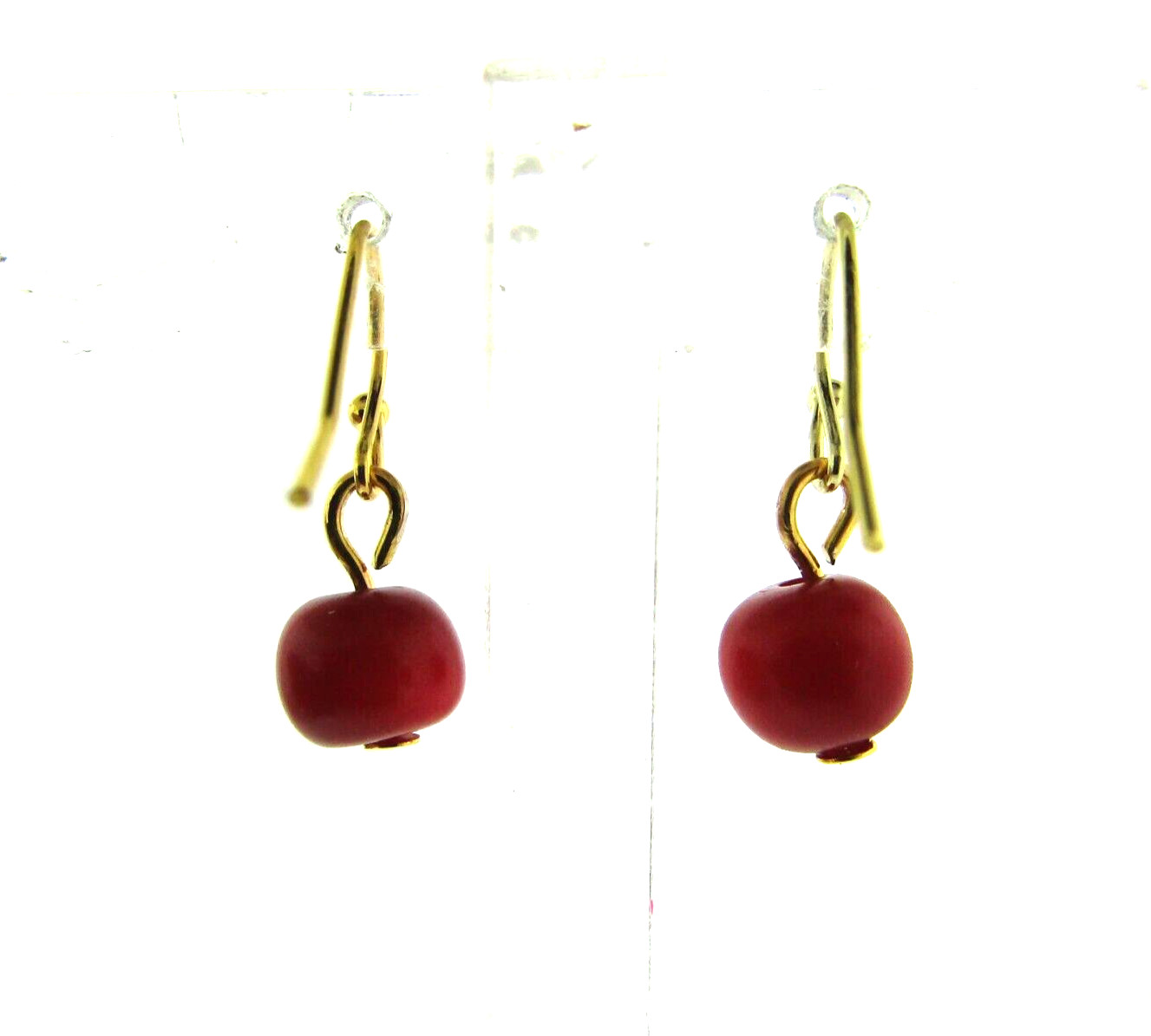 Vintage Genuine Red Coral Bead Dangle Earrings 925 Silver Plate 8mm .75 inch