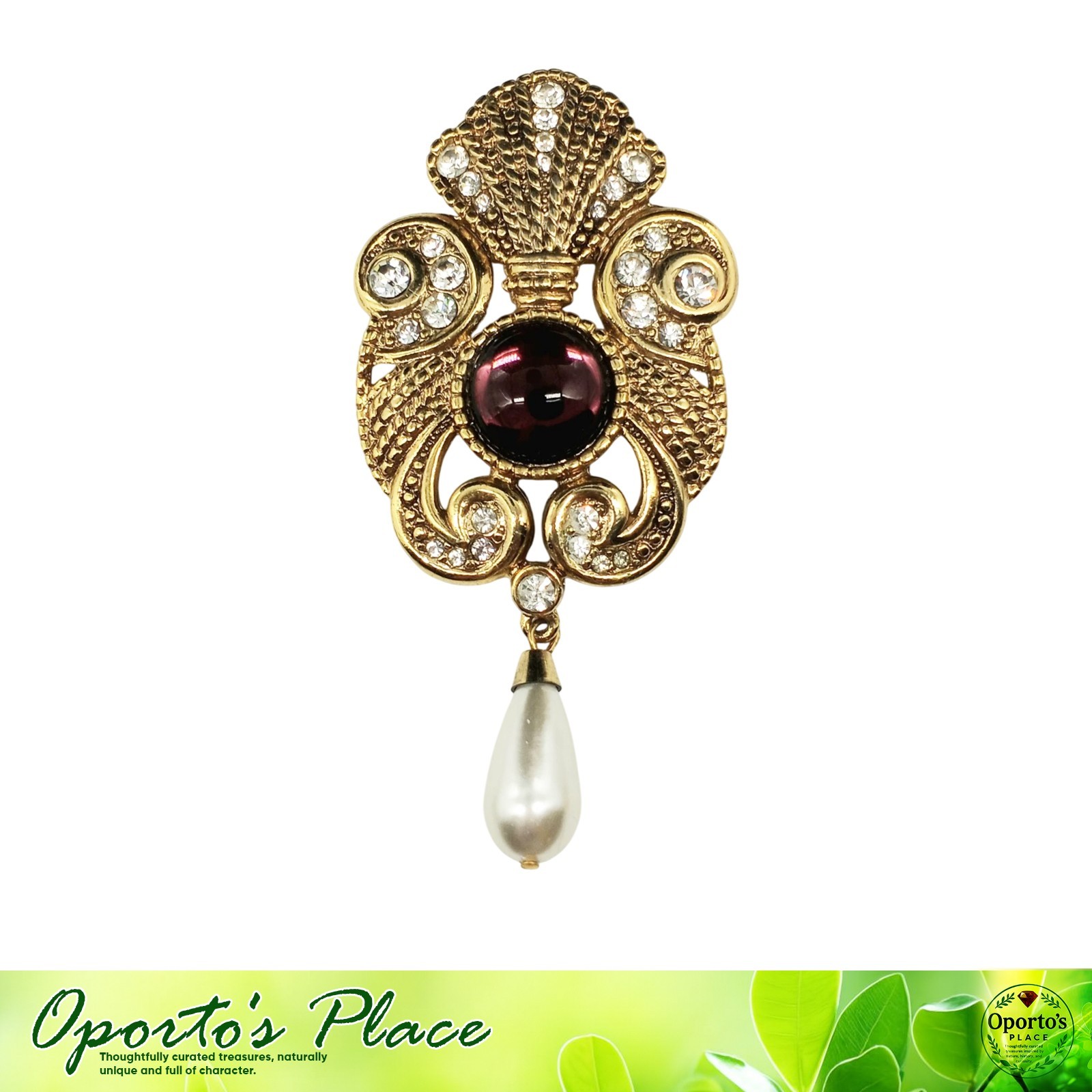 Jeff Lieb 1980s Goldtone Large Brooch Purple Cabachon And Faux Pearl Dangle