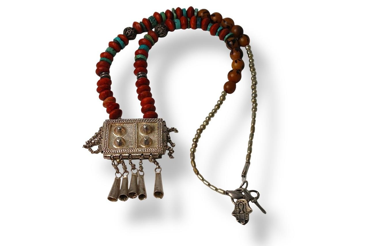 Vintage Yemeni Silver Hirz Necklace 45cm Handmade Carnelian Turquoise Tribal