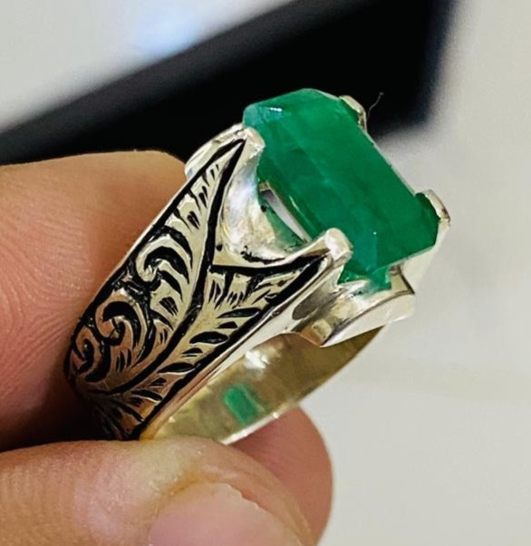 Original Zamurd Stone, Emerald Cut, Handmade Ring, Silver 925, Engraved Artisan