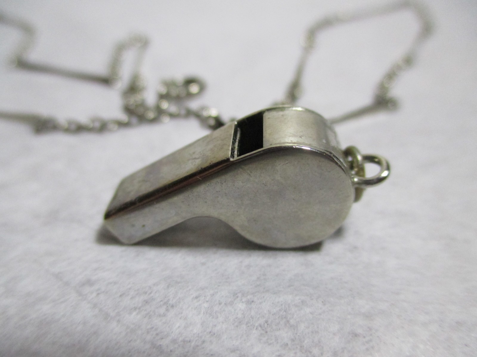 Vintage Hong Kong Silver Metal Mini Whistle Pendant Fancy Link Chain Necklace