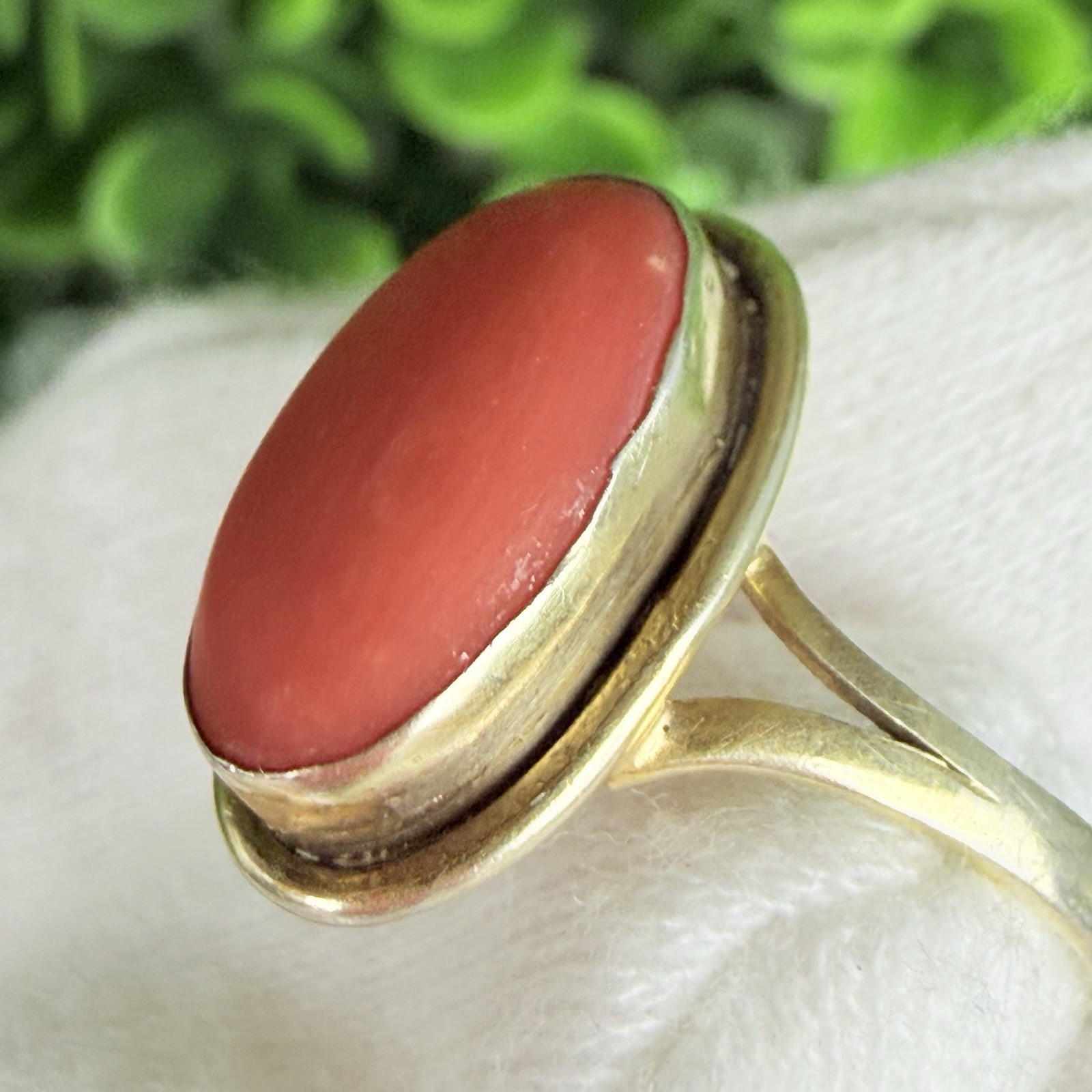 Vintage Antique? Natural Coral Cabochon 800 Silver Gold Tone Ring Size 6.75-7ish